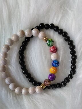 Faux Stone Beaded Stackable Bracelet Set with Multi-Color Accent Beads